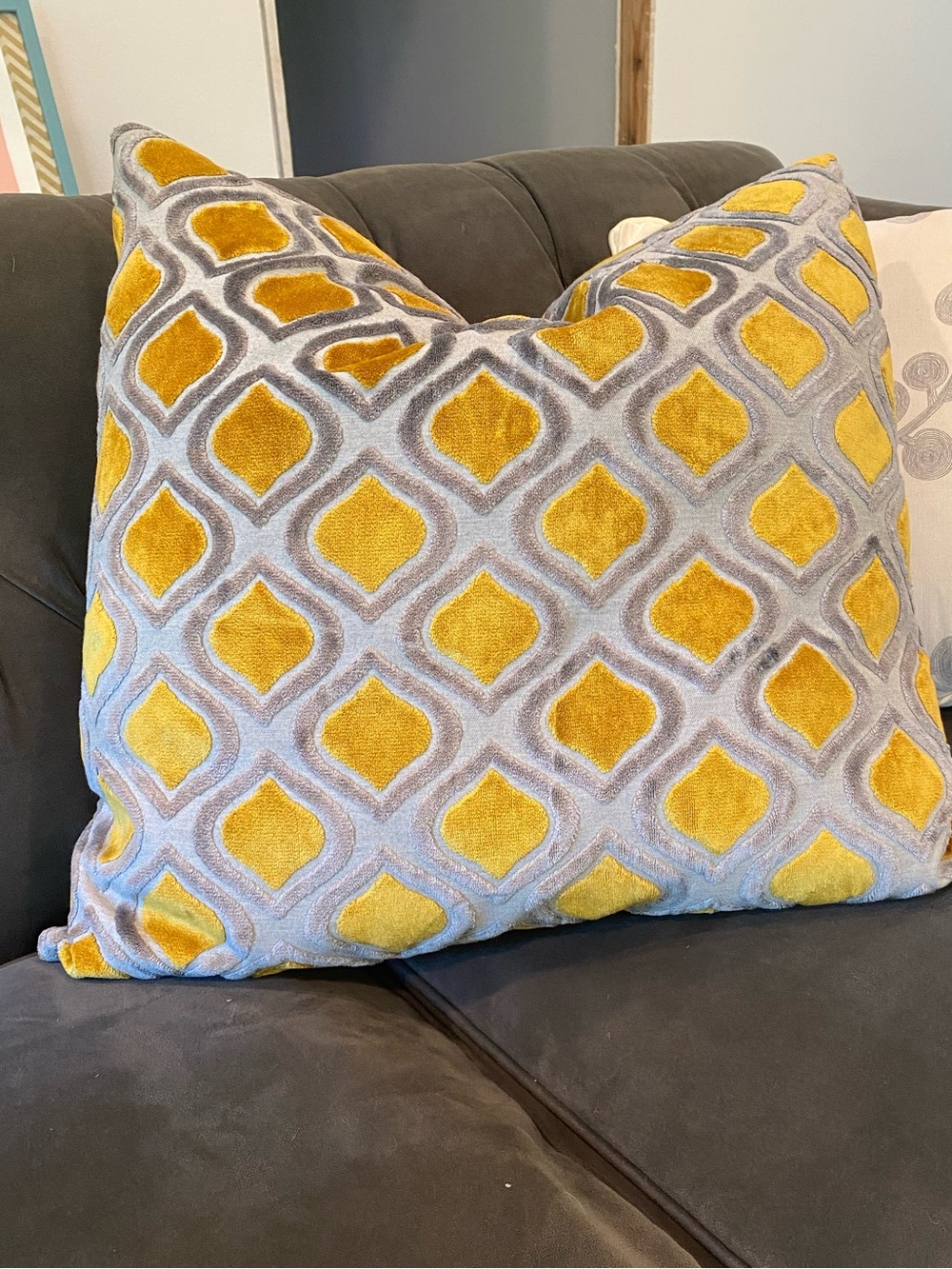 Caldeira UK luxury down feather fill mustard gray geometric large throw pillow